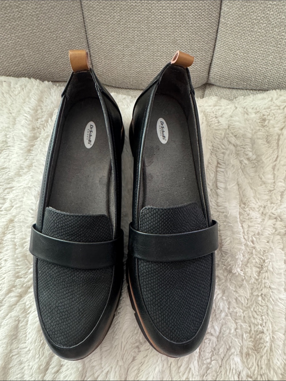 Dr. Scholl's Black Chunky Loafers with Tan Pull Tabs and trim